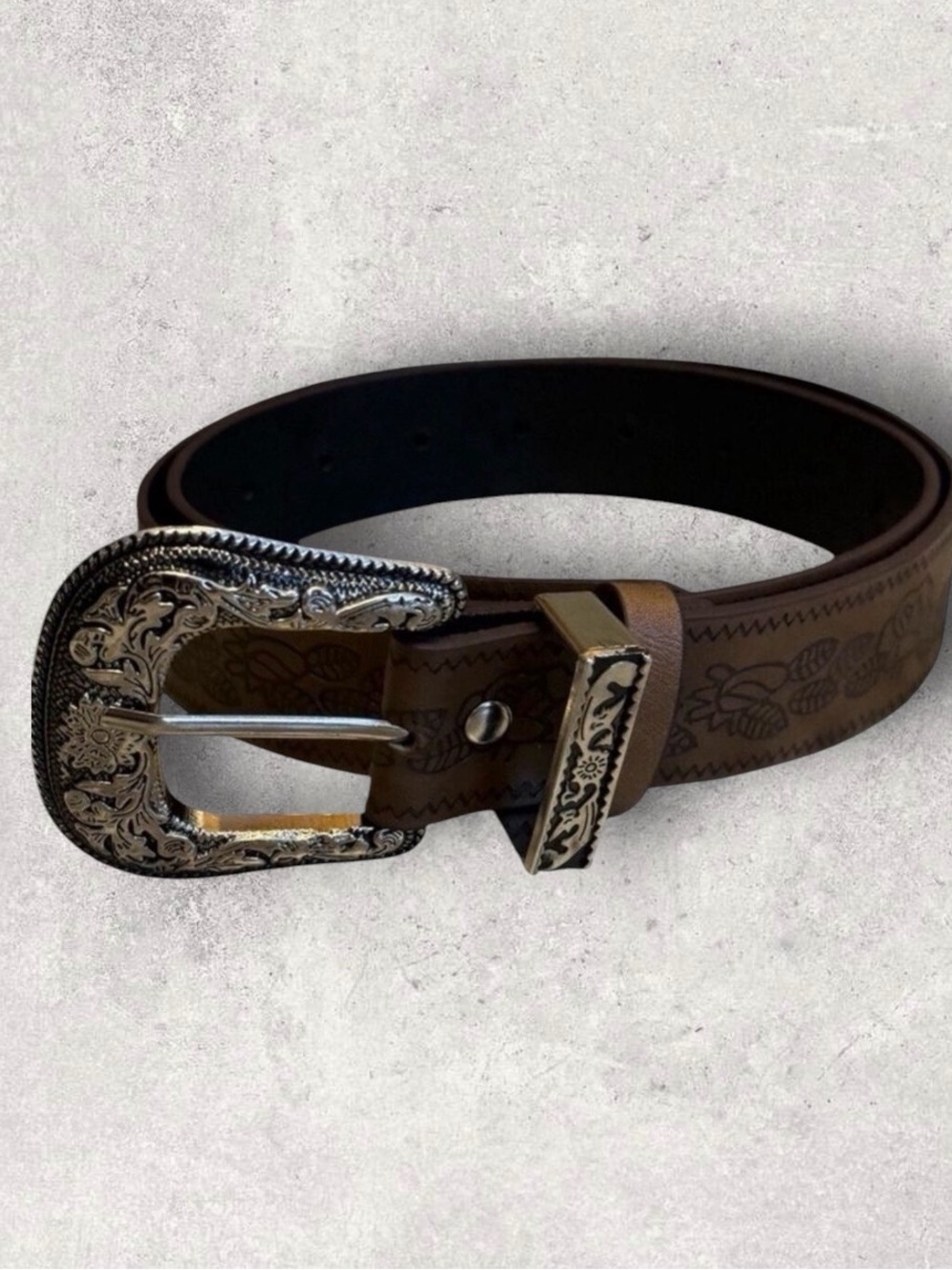 Tan Faux Leather Western Belt Silver Buckle